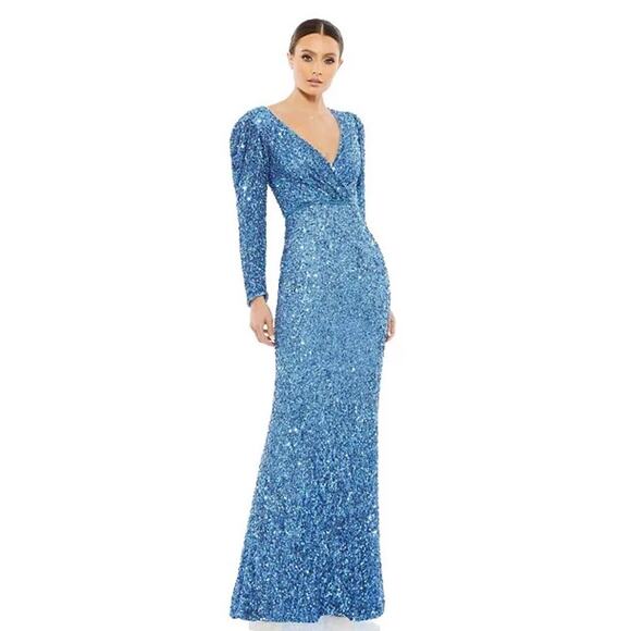 Mac Duggal 5510 Blue Women's Sequined Wrap Over Puff Long Sleeve Gown Size 4 - Picture 1 of 6